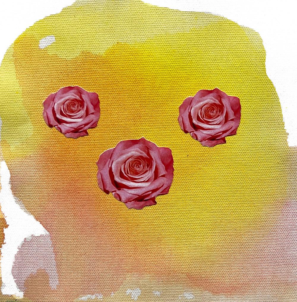'Roses face'. Nata Yanchur. From ‘Merger’ takeover series. Canvas, acrylic, mixmedia, 20x20cm. London, 2024