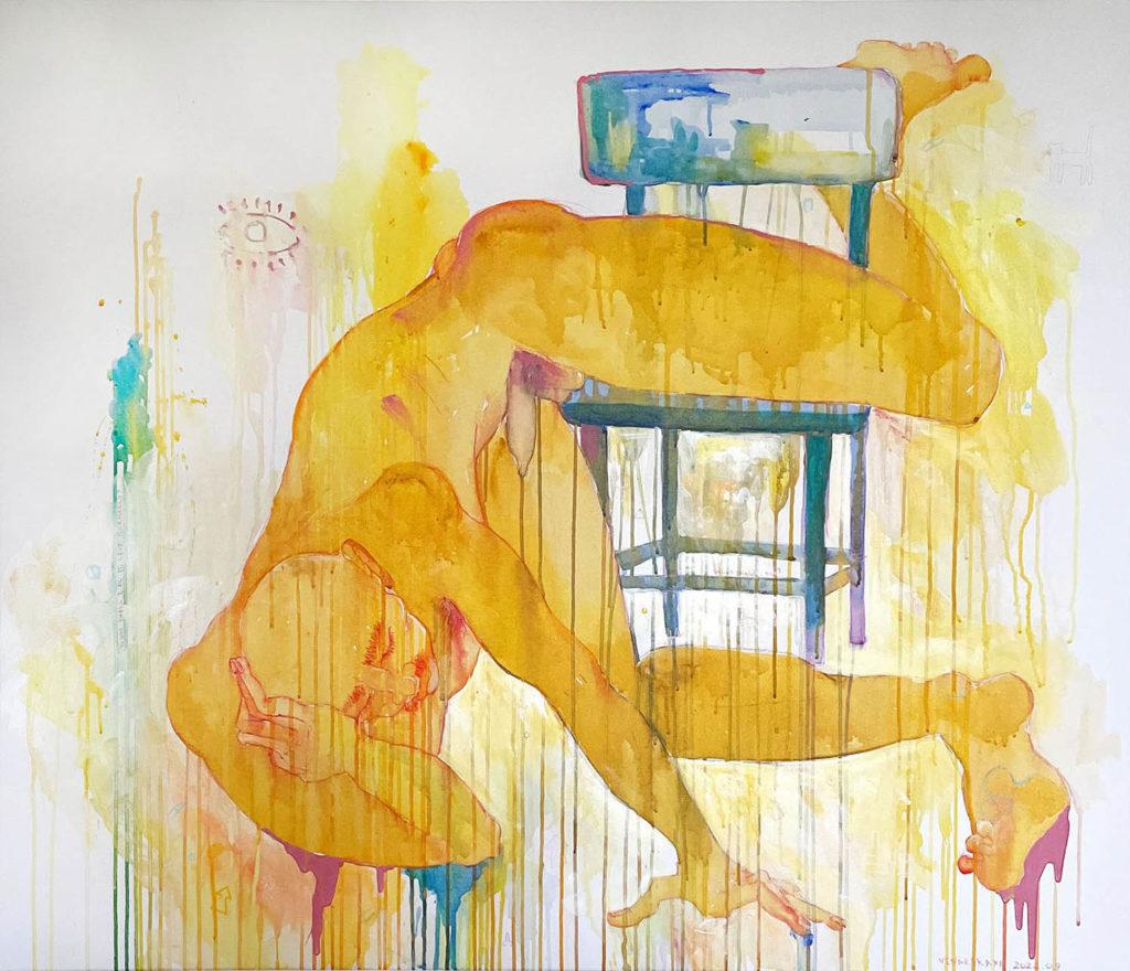Daria Vinarskaya, Fall of the chair, canvas, acrylic, watercolor pencils, 120x100 cm