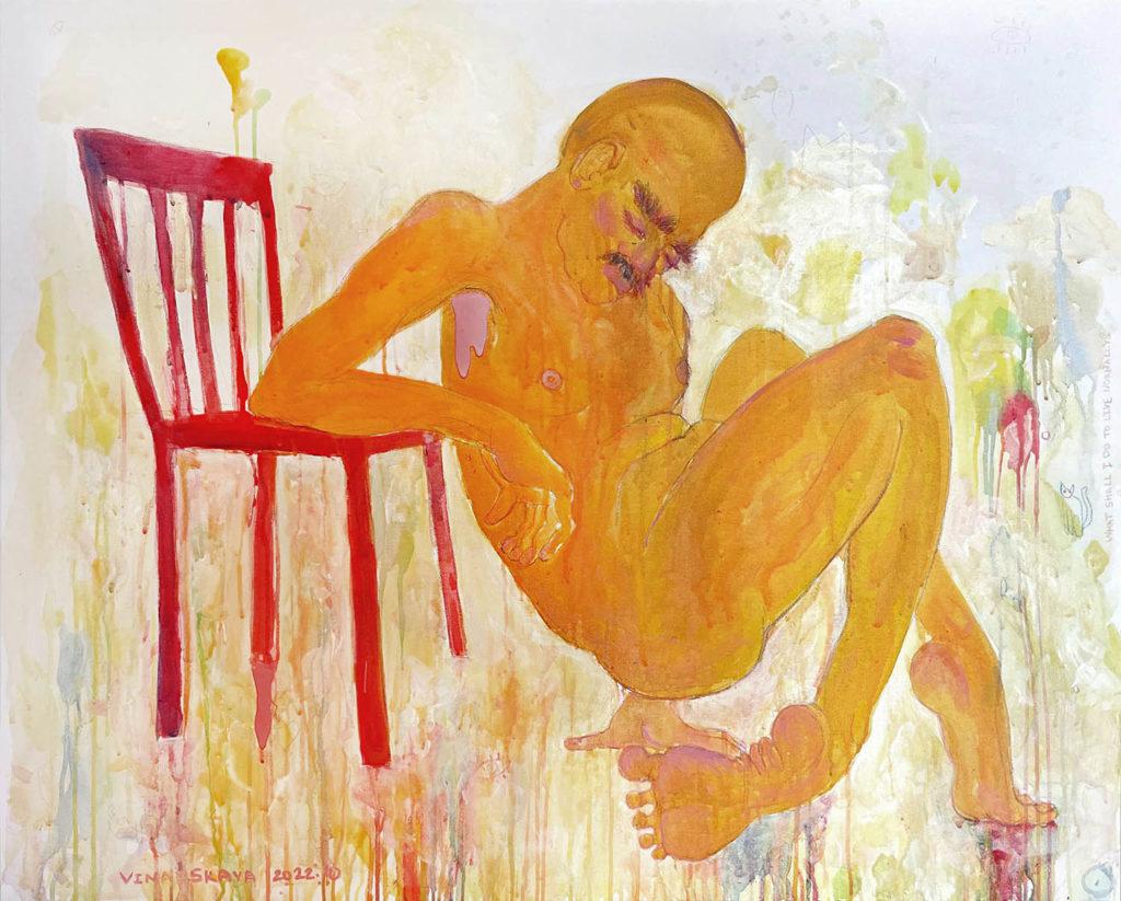 Daria Vinarskaya, Red chair, canvas, acrylic, watercolor pencils, 100x80 cm