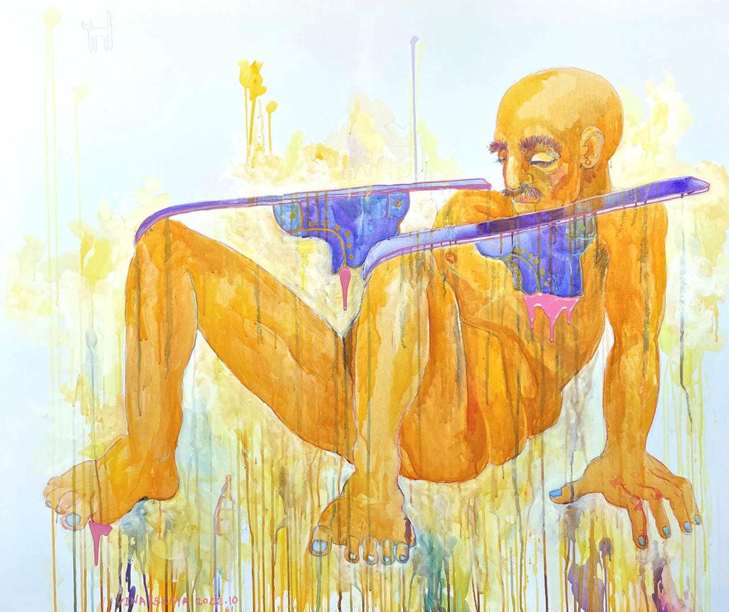 Daria Vinarskaya, Skis, canvas, acrylic, watercolor pencils, 120x100 cm